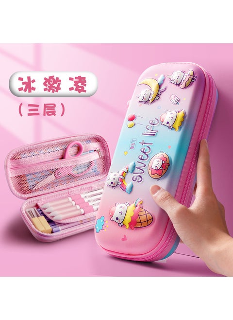 Cartoon three-dimensional 3d pencil case high-value decompression pen case three-layer large-capacity stationery case Girls Primary School students pencil case 6692 Ice Cream Powder