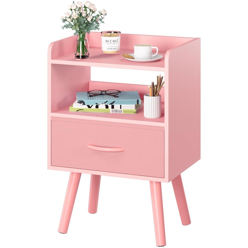 Yoobure Night Stand with Fabric Drawer Modern Nightstand Bedside Tables Mid Century Nightstands with Open Storage Shelf Wood Bedside Table Small Night Stands for Bedrooms 2Tier Night Table