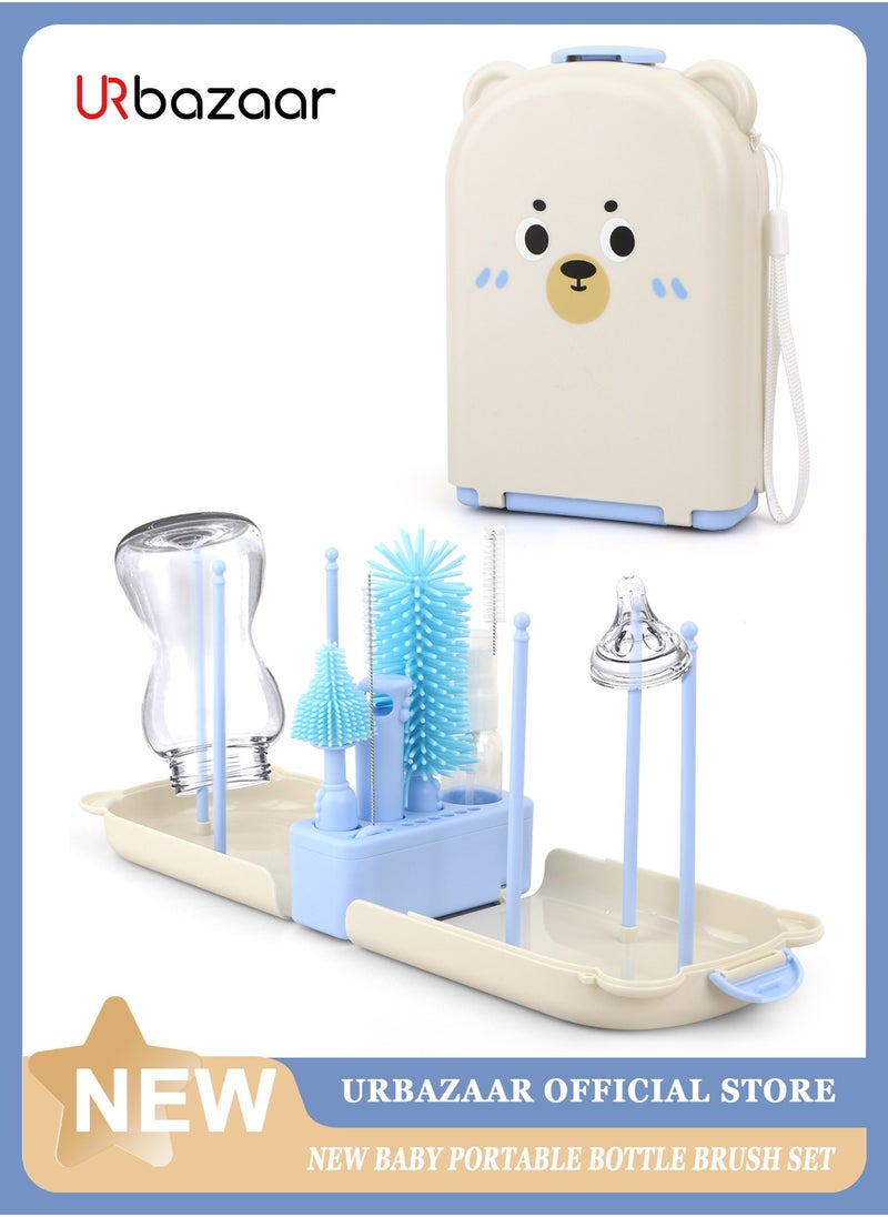 URbazaar Bottle Brush Silicone Baby Bottle Cleaner Brush BPA Free Teat Straw Cleaner Feeding Bottle Cleaning Brush with Stand (Blue Bear)  - Image 1