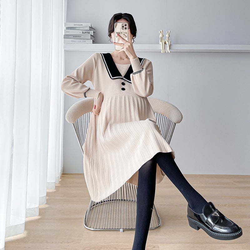 Chic Maternity Dress and Leggings Set for Fall Apricot sweater + black spring & fall socks with legs 