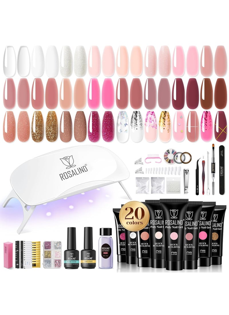 Rosalind - ROSALIND Poly Nail Gel Kit with U V Light, 20 Colors Clear Natural Pink Poly Nail Gel Starter Kit Glitter Pink Poly Nail Gel Kit with Tools for French Nail Art DIY - Image 1