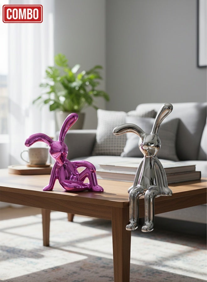 Decorative Rabbit Figurine Combo Set Pink Sitting Bunny and Silver Hanging Leg Bunny Car Dashboard Decor Automotive Interior Ornament Tabletop Shelf Edge Home Office Desk Resin Metallic Finish Gift Item - Image 1