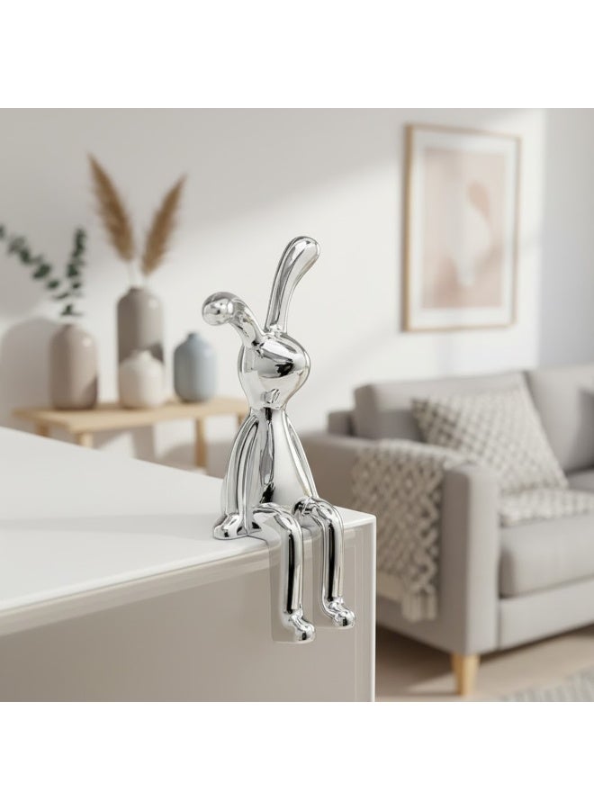 Decorative Rabbit Figurine Combo Set Pink Sitting Bunny and Silver Hanging Leg Bunny Car Dashboard Decor Automotive Interior Ornament Tabletop Shelf Edge Home Office Desk Resin Metallic Finish Gift Item - Image 3