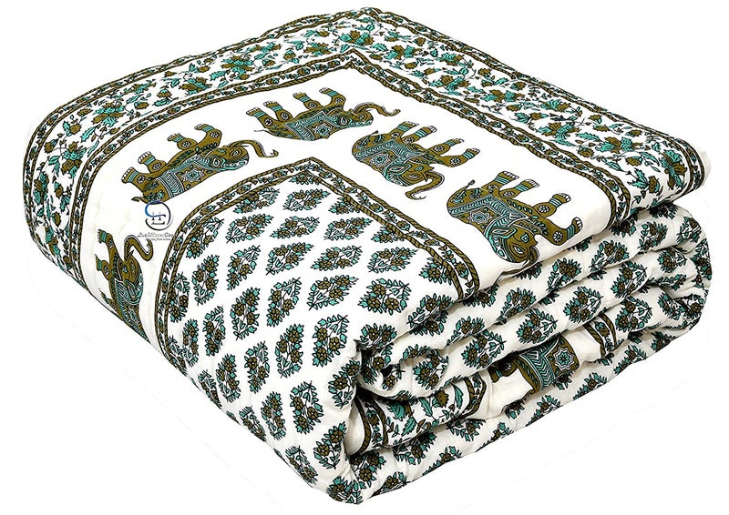 WORLDNEX 400 GSM Soft Light Weight Rajasthani Traditional Jaipuri Hand Block Print Summer and Winter Cotton Double Bed Quilt Razai Double Bed 90 x 105 Inch Design 1 TC 400 Multicolor - Image 1
