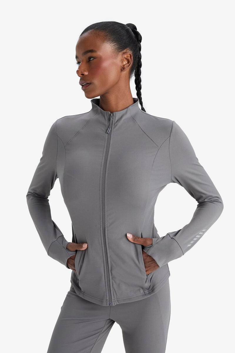 DeFacto Grey Woman Slim Fit High Collar Zip-Up Sweatshirt Casual - Image 1