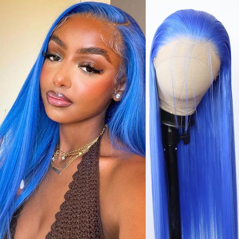 BTWTRY Blue Synthetic Lace Front Wig Long Straight Dark Blue Lace Front Synthetic Wig Pre Plucked Natural Hairline Glueless Heat Resistant Fiber Hair Wig for Fashion Women Blue
