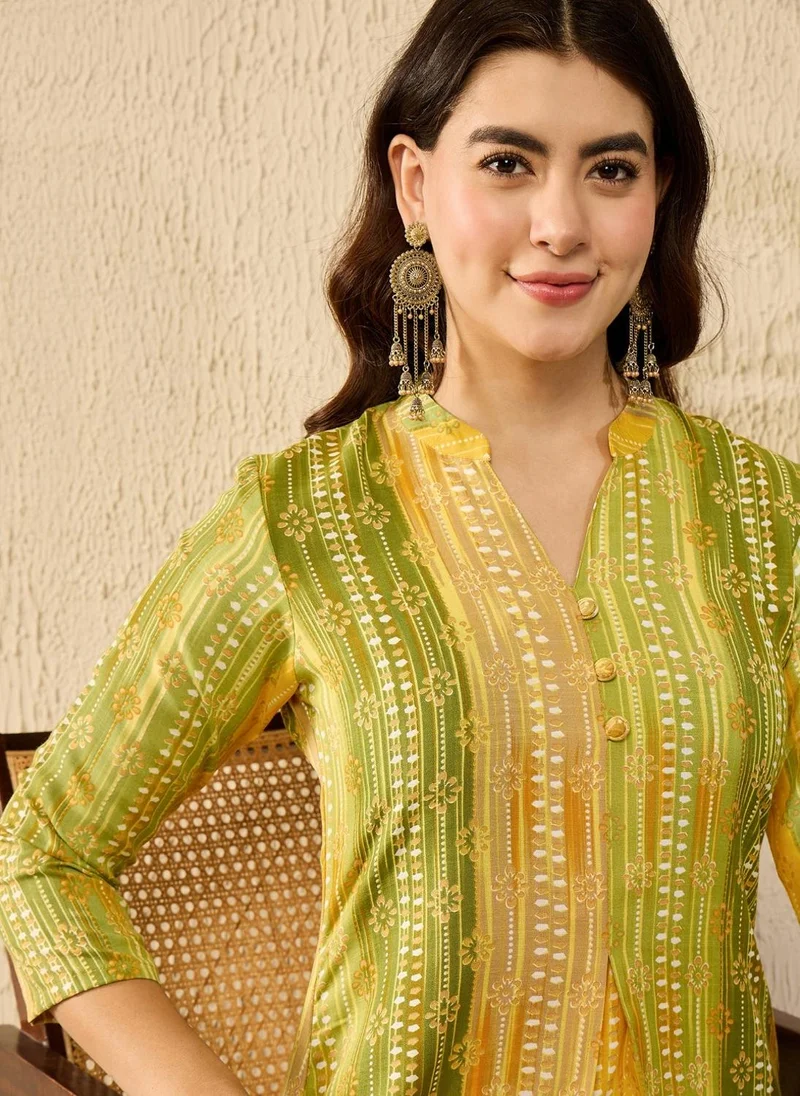 زيري سوق Green Rayon Blend Floral Printed Tunic Top Only