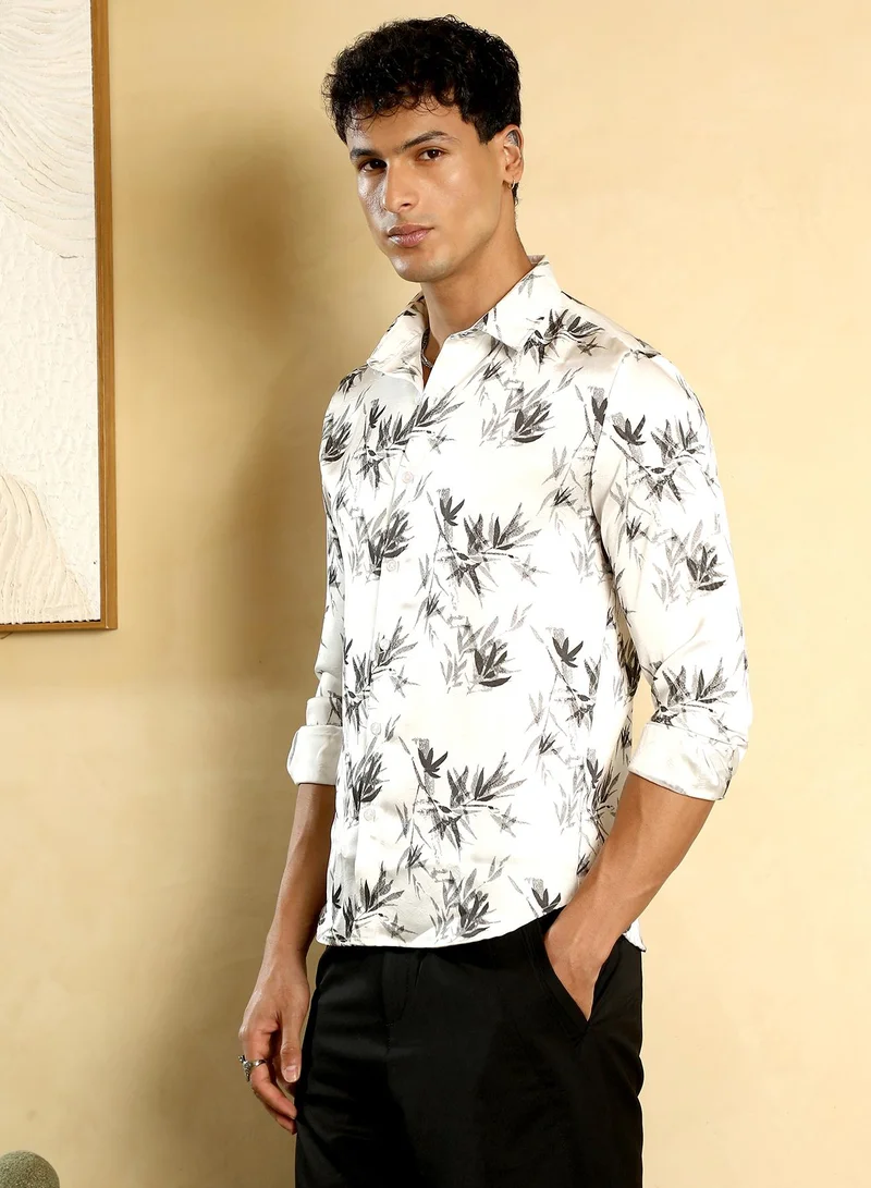 CAHOOT  Men's Midnight Black:Cream White Faded-Leaf Imprint Satin Shirt for Men | Best Price UAE