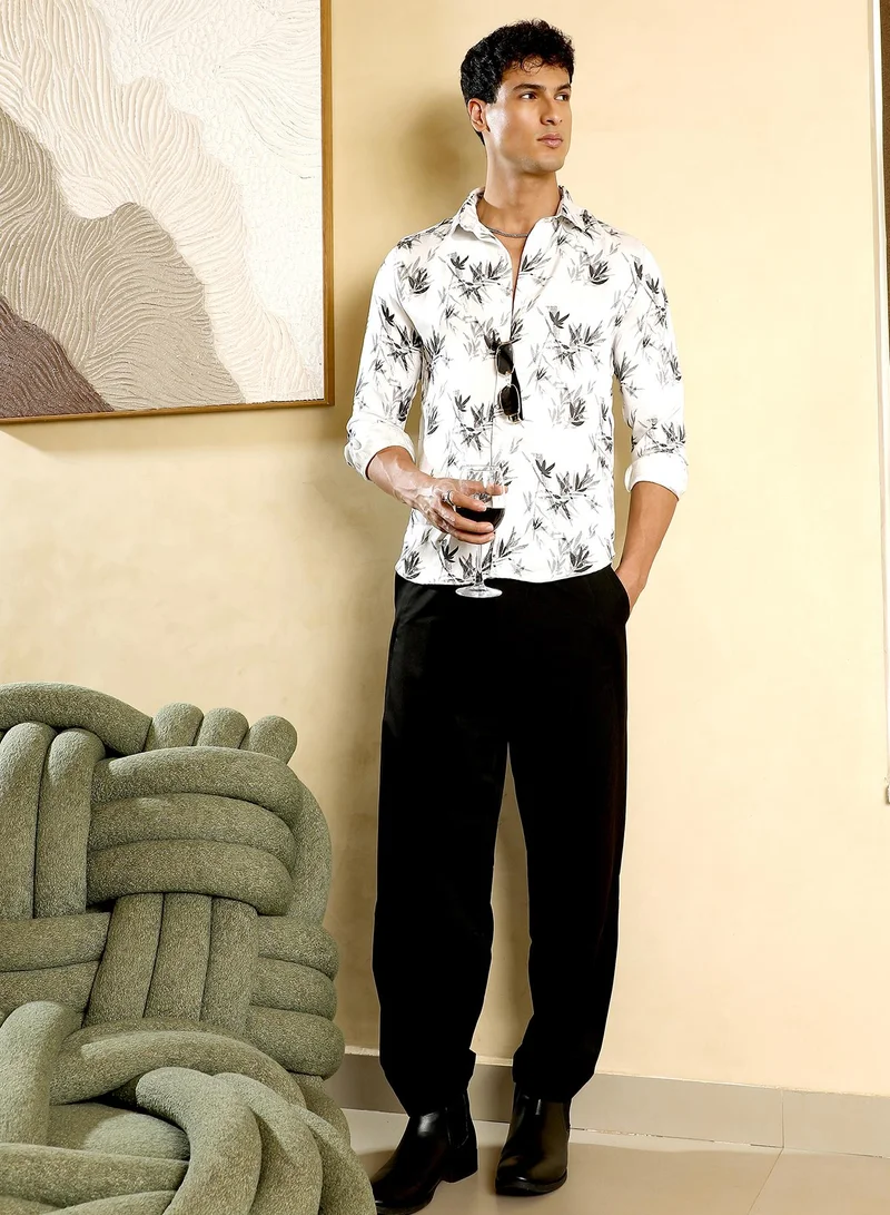 CAHOOT  Men's Midnight Black:Cream White Faded-Leaf Imprint Satin Shirt for Men | Best Price UAE