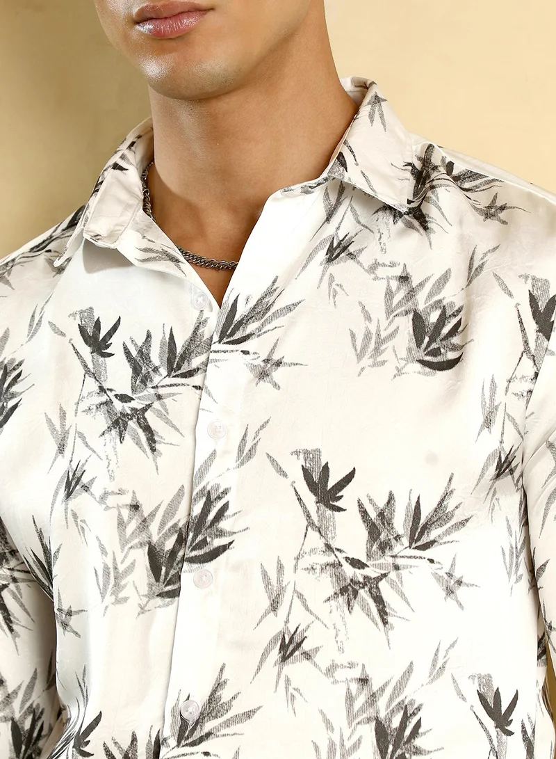 CAHOOT  Men's Midnight Black:Cream White Faded-Leaf Imprint Satin Shirt for Men | Best Price UAE