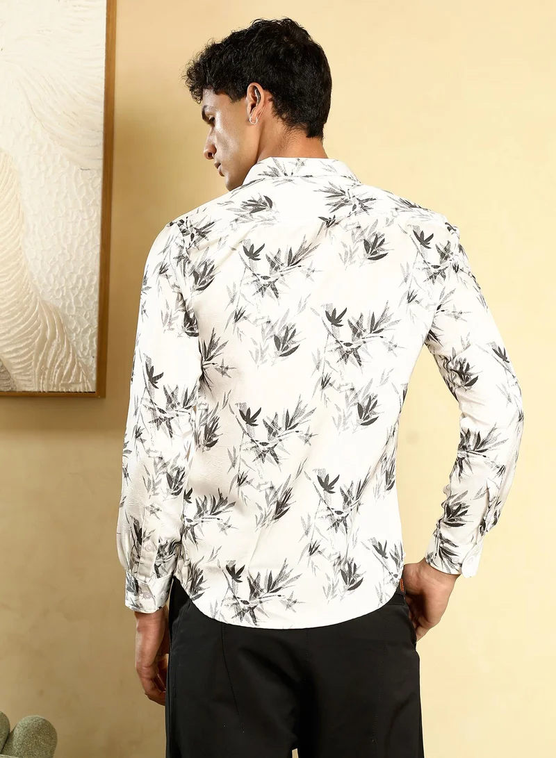 CAHOOT  Men's Midnight Black:Cream White Faded-Leaf Imprint Satin Shirt for Men | Best Price UAE