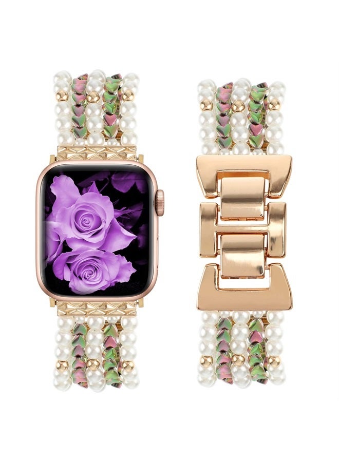 YONWORTH Adjustable Elastic Pearl Beaded Band Compatible with Apple Watch 38mm 40mm 41mm, Woman Chic Diamond Metal Chain Solo Loop Stretch Bracelet Strap Replacement for iWatch Series 8 7 6 5 4 3 2 SE (38/40/4 - Image 1