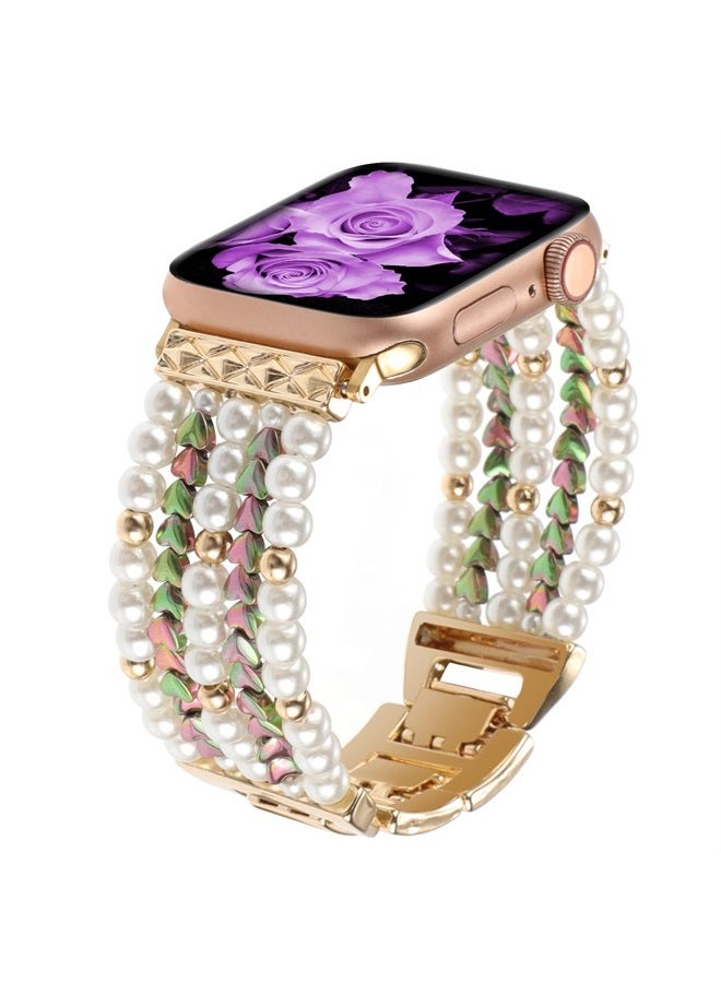 YONWORTH Adjustable Elastic Pearl Beaded Band Compatible with Apple Watch 38mm 40mm 41mm, Woman Chic Diamond Metal Chain Solo Loop Stretch Bracelet Strap Replacement for iWatch Series 8 7 6 5 4 3 2 SE (38/40/4 - Image 3