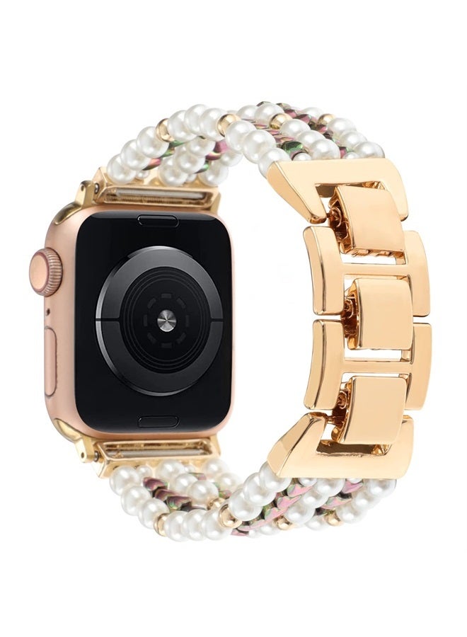 YONWORTH Adjustable Elastic Pearl Beaded Band Compatible with Apple Watch 38mm 40mm 41mm, Woman Chic Diamond Metal Chain Solo Loop Stretch Bracelet Strap Replacement for iWatch Series 8 7 6 5 4 3 2 SE (38/40/4 - Image 4