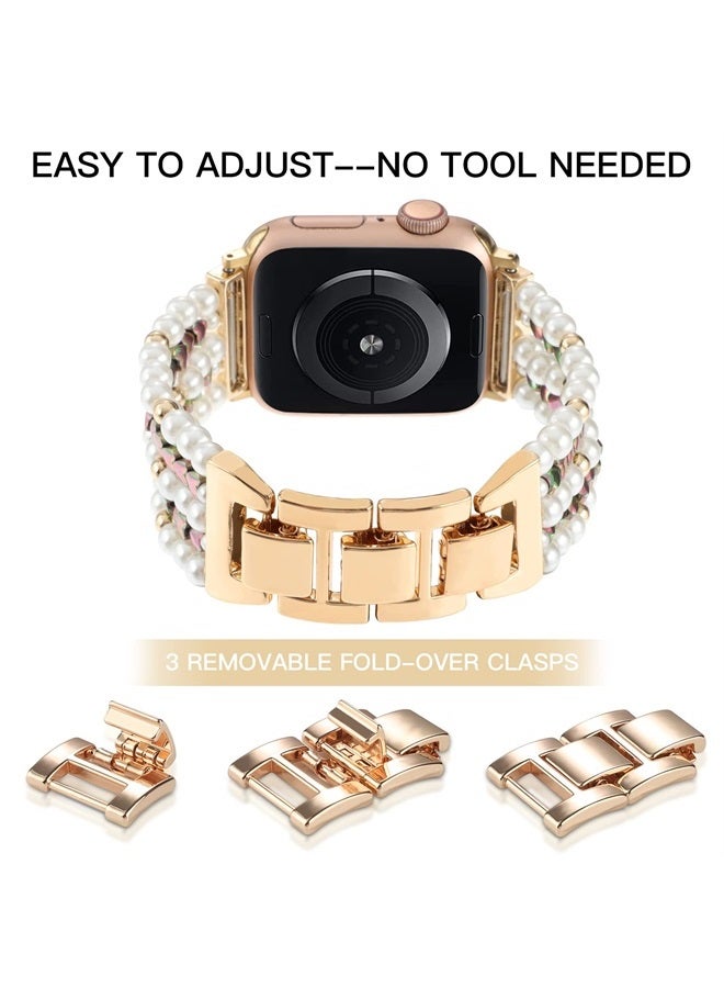 YONWORTH Adjustable Elastic Pearl Beaded Band Compatible with Apple Watch 38mm 40mm 41mm, Woman Chic Diamond Metal Chain Solo Loop Stretch Bracelet Strap Replacement for iWatch Series 8 7 6 5 4 3 2 SE (38/40/4 - Image 5