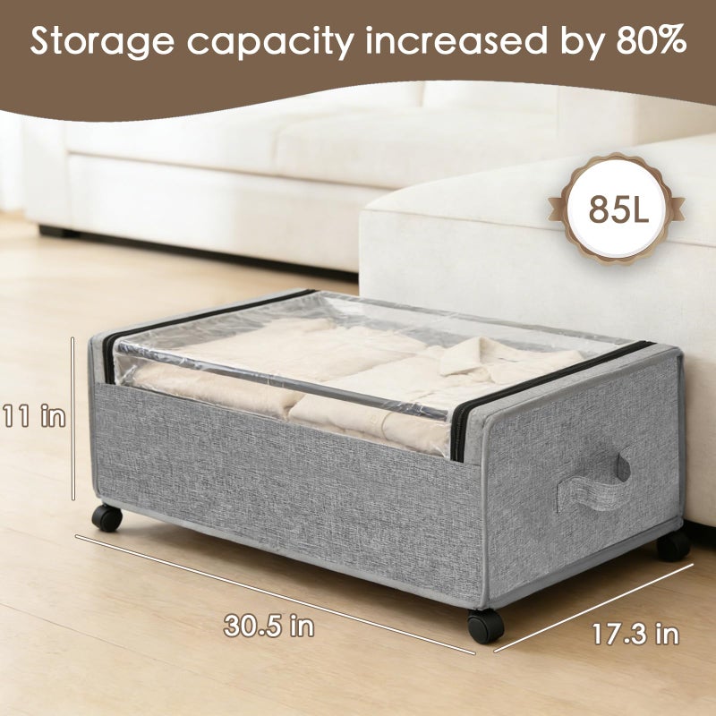 JALUNIVERSAL TRI Under Bed Storage with Wheels, 2-Pack Under the Bed Storage Containers with Clear Lids & Label, Underbed Storage Bins, XXXL 85L 11 inches Rolling Metal Drawer for Clothes, Shoes, Toys, Books - Gray - Image 2
