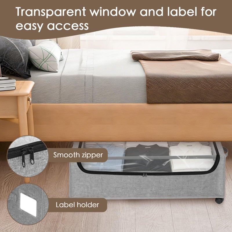 JALUNIVERSAL TRI Under Bed Storage with Wheels, 2-Pack Under the Bed Storage Containers with Clear Lids & Label, Underbed Storage Bins, XXXL 85L 11 inches Rolling Metal Drawer for Clothes, Shoes, Toys, Books - Gray - Image 5