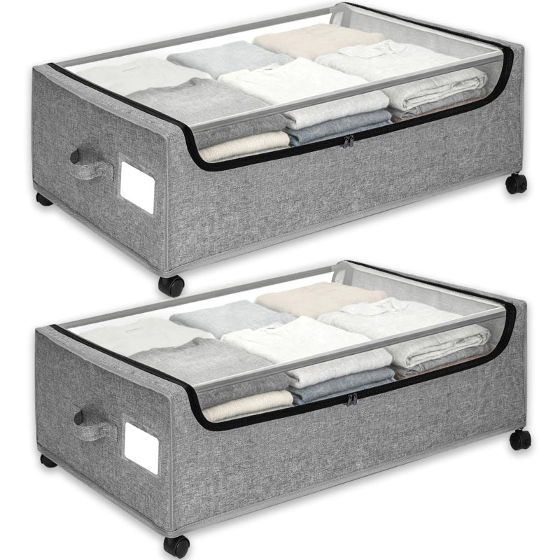 JALUNIVERSAL TRI Under Bed Storage with Wheels, 2-Pack Under the Bed Storage Containers with Clear Lids & Label, Underbed Storage Bins, XXXL 85L 11 inches Rolling Metal Drawer for Clothes, Shoes, Toys, Books - Gray - Image 1