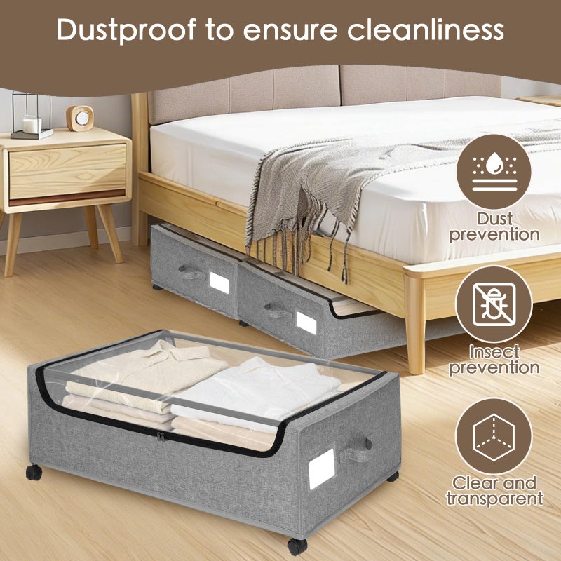 JALUNIVERSAL TRI Under Bed Storage with Wheels, 2-Pack Under the Bed Storage Containers with Clear Lids & Label, Underbed Storage Bins, XXXL 85L 11 inches Rolling Metal Drawer for Clothes, Shoes, Toys, Books - Gray - Image 3