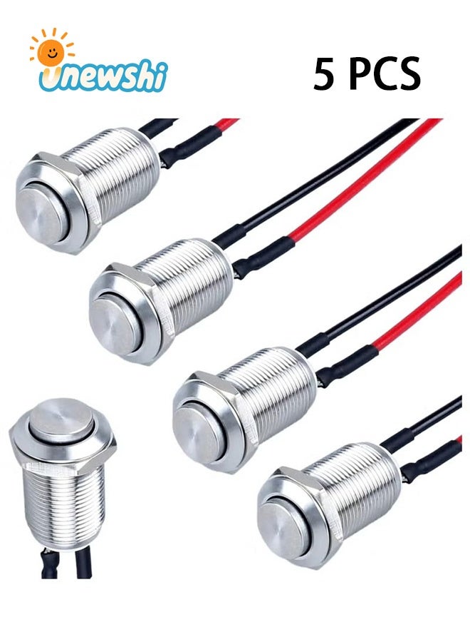 Unewshi Momentary Switch, Latching Push, 5 Pcs High Round Head Button Switch, Waterproof Metal Air Horn Push Button, with Pre-soldered Cable Stainless Steel 1NO 12V 24V 36V IP66 Without LED - Image 1