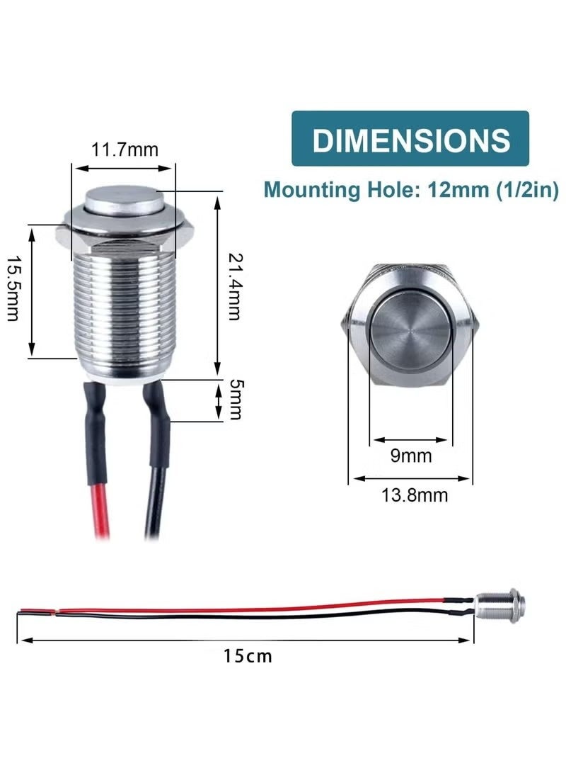 Unewshi Momentary Switch, Latching Push, 5 Pcs High Round Head Button Switch, Waterproof Metal Air Horn Push Button, with Pre-soldered Cable Stainless Steel 1NO 12V 24V 36V IP66 Without LED - Image 2