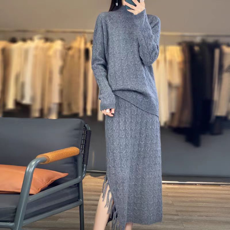 2024 autumn and winter new cashmere sweater womens half-high collar two-piece tassel skirt pullover wool sweater Gray