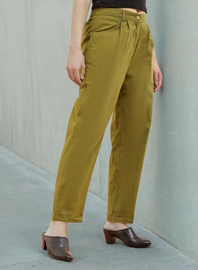 Freehand  Olive Green Regular Fit Linen Trousers for Women | Best Price UAE