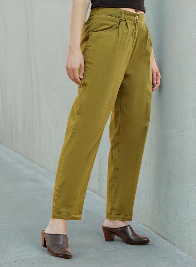 Freehand Olive Green Regular Fit Linen Trousers - Image 3