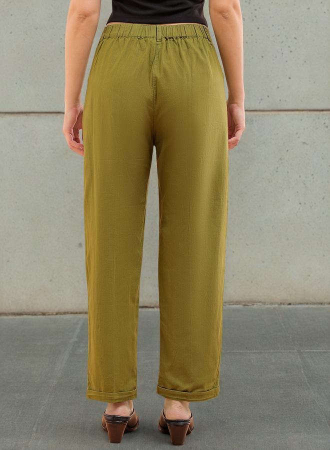 Freehand Olive Green Regular Fit Linen Trousers - Image 2