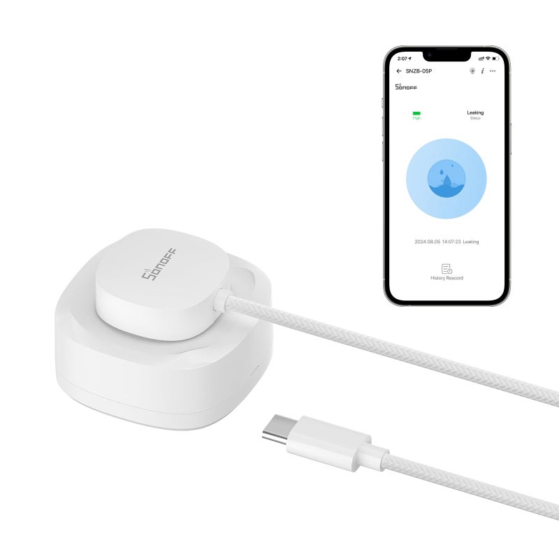 SONOFF SNZB-05P Zigbee Water Leak Sensor with Detection Cable, Wireless Mini Flood Detector for Alarm System and Smart Home Automation, Water Sensor Alarm for Kitchen Bathroom Basement 1Pack - Image 1