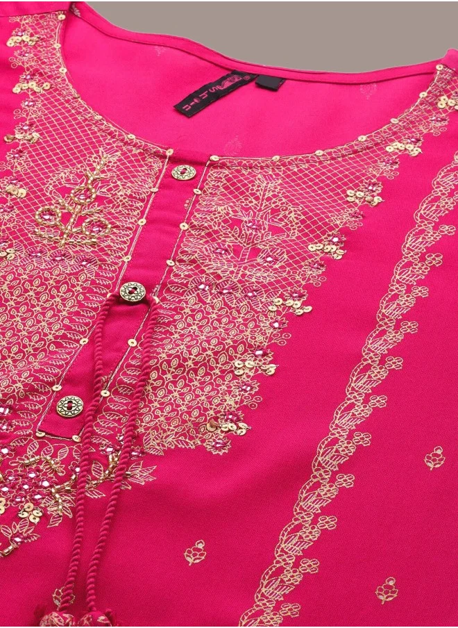 ISHIN A-Line Fit Printed Pattern Round Neck Three-Quarter Sleeves Pink Colour Knitted Cotton Kurta Set for Women with Semi Elastic Closure - Designed with Style and Comfort