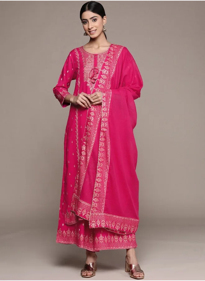ISHIN A-Line Fit Printed Pattern Round Neck Three-Quarter Sleeves Pink Colour Knitted Cotton Kurta Set for Women with Semi Elastic Closure - Designed with Style and Comfort