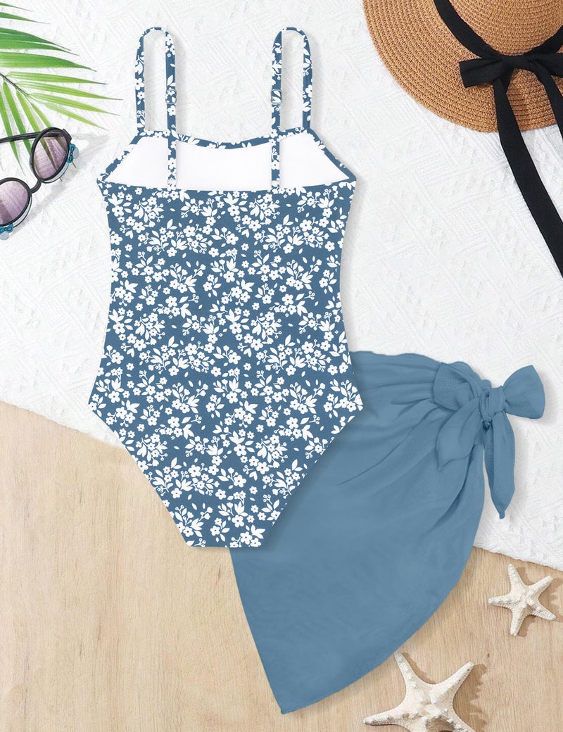 TALLWH Girls Swimsuits Size 10-12 Printed Adjustable Straps Cut Out One Piece Swimsuit with Solid Color Cover Up Skirt Bathing Suits for Teen Girls - Image 5