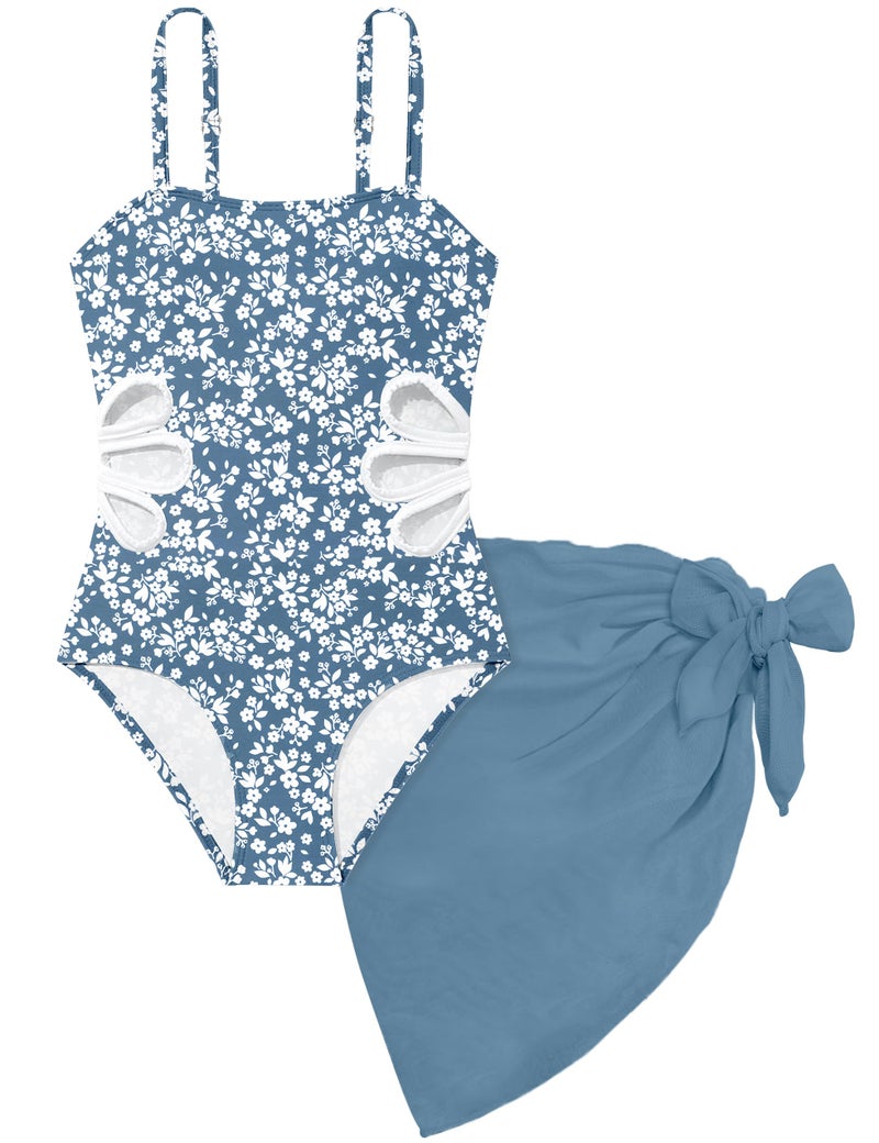 TALLWH Girls Swimsuits Size 10-12 Printed Adjustable Straps Cut Out One Piece Swimsuit with Solid Color Cover Up Skirt Bathing Suits for Teen Girls - Image 1