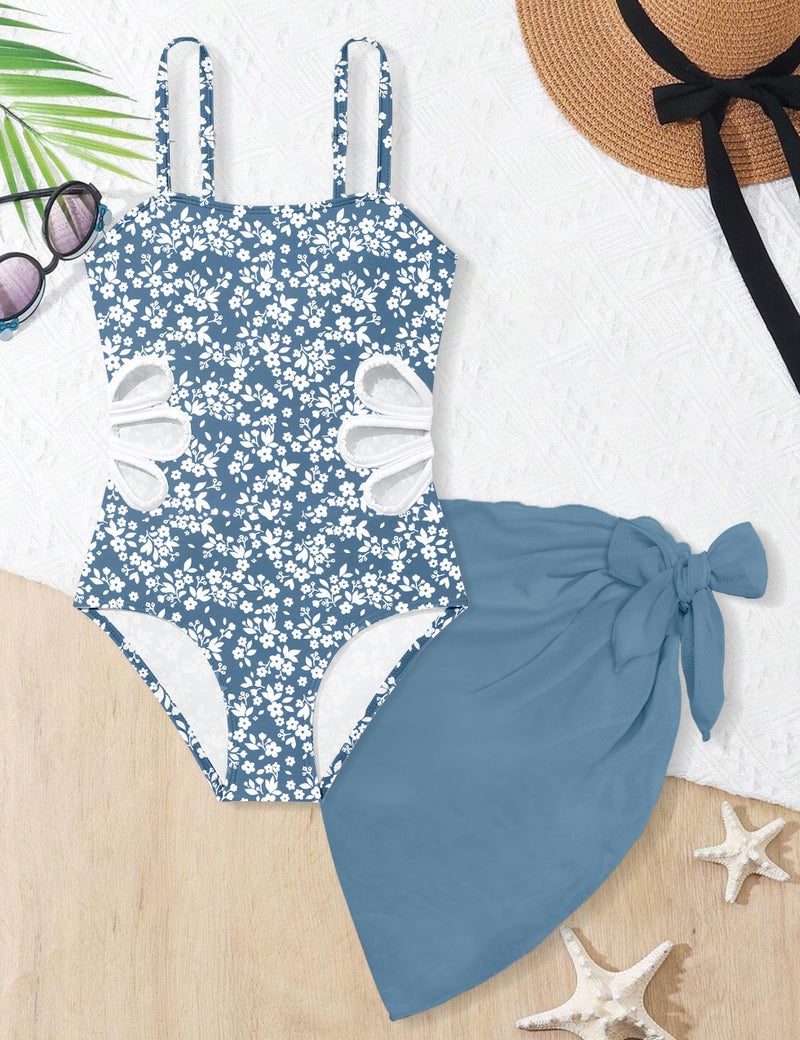 TALLWH Girls Swimsuits Size 10-12 Printed Adjustable Straps Cut Out One Piece Swimsuit with Solid Color Cover Up Skirt Bathing Suits for Teen Girls - Image 4