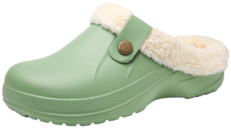 ChayChax Women and Men Fur Lined Clogs Memory Foam Warm Fuzzy Slippers Winter Waterproof Indoor Outdoor Slipper, Green, 7.5-8.5 Women/6.5-7 Men - Image 1