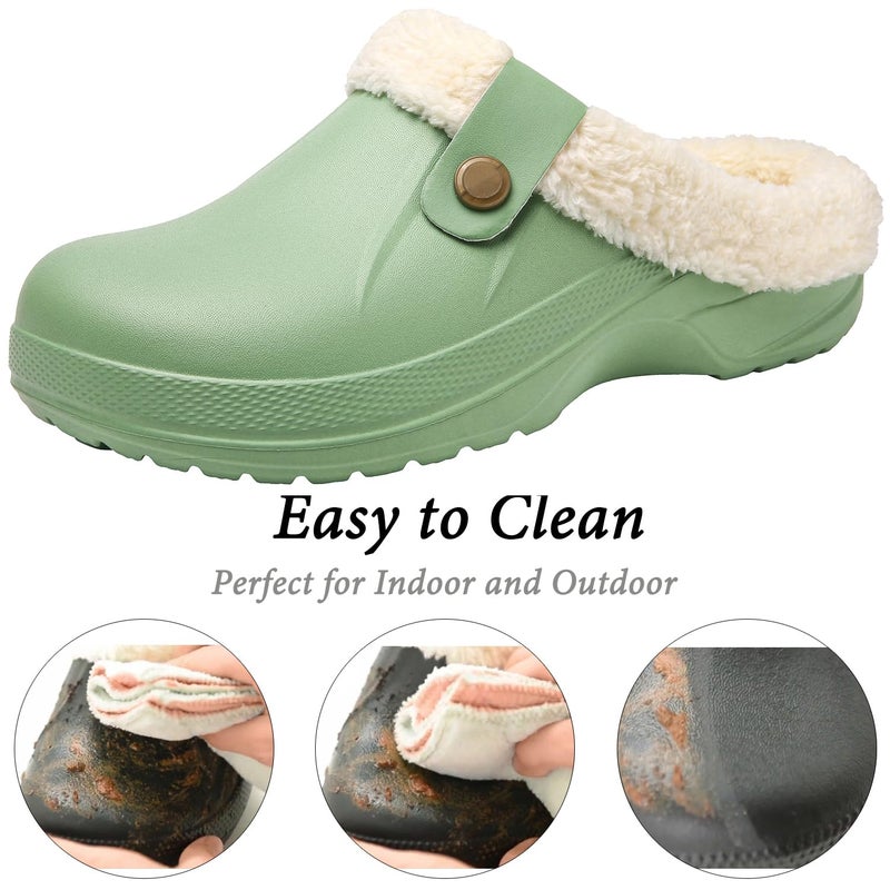 ChayChax Women and Men Fur Lined Clogs Memory Foam Warm Fuzzy Slippers Winter Waterproof Indoor Outdoor Slipper, Green, 7.5-8.5 Women/6.5-7 Men - Image 2