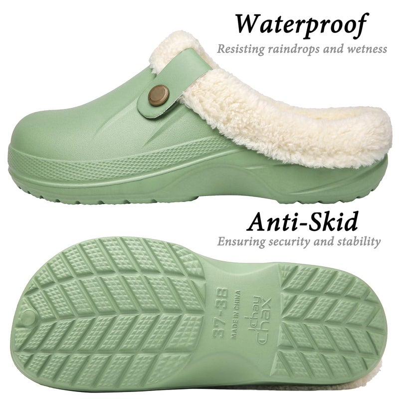 ChayChax Women and Men Fur Lined Clogs Memory Foam Warm Fuzzy Slippers Winter Waterproof Indoor Outdoor Slipper, Green, 7.5-8.5 Women/6.5-7 Men - Image 4