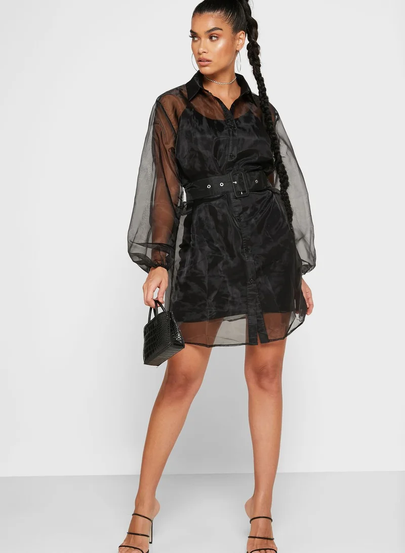 Missguided Balloon Sleeve Belted Shirt Dress