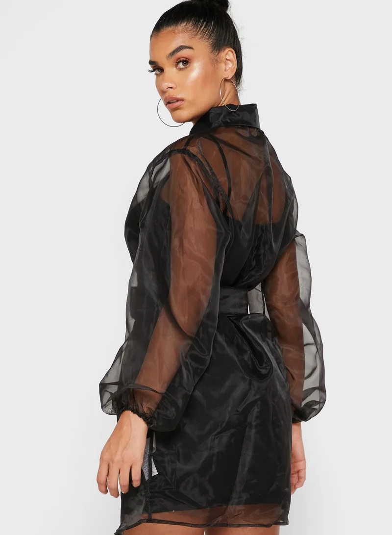 Missguided Balloon Sleeve Belted Shirt Dress