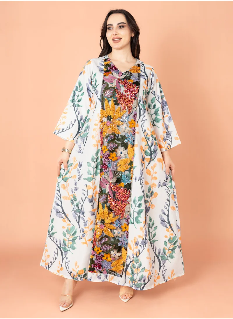 IKKXA Embroidery Applique Wide Cut Jalabiya IK3003 Yellow
