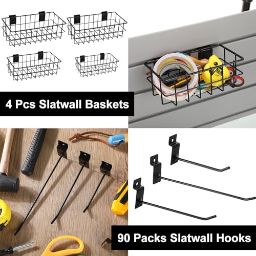 Yaocom 94 Pcs Slatwall Accessory 4 Metal Slatwall Baskets 90 Slatwall Hooks 4'' 6'' 8'' Slat Wall Hooks Hanging Storage Baskets for Shops Rooms Garage Storage Display Slatwall Panels(Black) - Image 5