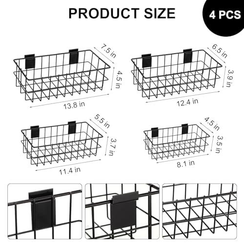 Yaocom 94 Pcs Slatwall Accessory 4 Metal Slatwall Baskets 90 Slatwall Hooks 4'' 6'' 8'' Slat Wall Hooks Hanging Storage Baskets for Shops Rooms Garage Storage Display Slatwall Panels(Black) - Image 2