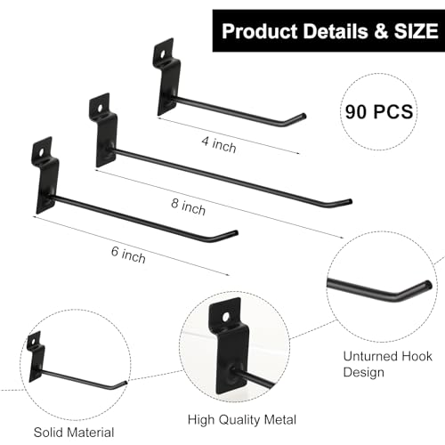 Yaocom 94 Pcs Slatwall Accessory 4 Metal Slatwall Baskets 90 Slatwall Hooks 4'' 6'' 8'' Slat Wall Hooks Hanging Storage Baskets for Shops Rooms Garage Storage Display Slatwall Panels(Black) - Image 3