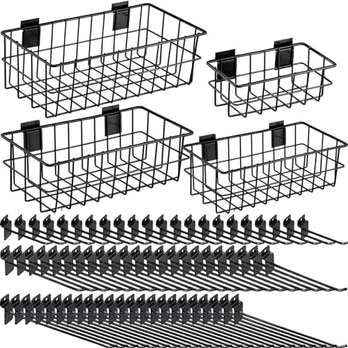 Yaocom 94 Pcs Slatwall Accessory 4 Metal Slatwall Baskets 90 Slatwall Hooks 4'' 6'' 8'' Slat Wall Hooks Hanging Storage Baskets for Shops Rooms Garage Storage Display Slatwall Panels(Black) - Image 1