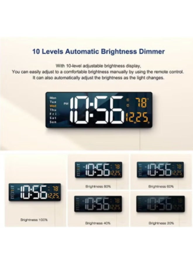 كروني ساعة حائط رقمية 6626، ساعة إلكترونية LED مع جهاز تحكم عن بعد، خاصية التعتيم التلقائي، شاشة عرض كبيرة للوقت والتاريخ واليوم ودرجة الحرارة الداخلية. مناسبة للاستخدام في غرف المعيشة والنوم والمكاتب والمطابخ. الأبعاد: 38.7 × 3.2 × 13 سم - Image 5