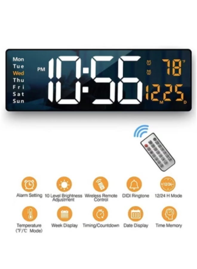 كروني ساعة حائط رقمية 6626، ساعة إلكترونية LED مع جهاز تحكم عن بعد، خاصية التعتيم التلقائي، شاشة عرض كبيرة للوقت والتاريخ واليوم ودرجة الحرارة الداخلية. مناسبة للاستخدام في غرف المعيشة والنوم والمكاتب والمطابخ. الأبعاد: 38.7 × 3.2 × 13 سم - Image 2