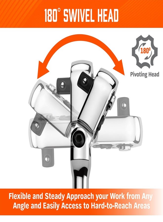 HORUSDY 10-Piece Flex-Head Ratchet Set, 1/4", 3/8" & 1/2" Drive Socket Wrenches, 90-Tooth Quick-Release Reversible Low-Profile, Extension Bars (4", 10", 6") & 4 Adapters for Automotive, Bike, and Home Repair - Image 3