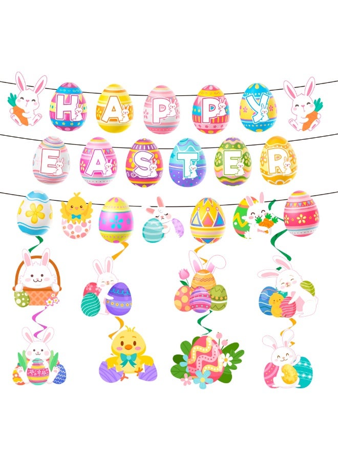 FRUITFUL PARTY Easter Swirl Banner, 9Pcs Easter Hanging Party Decorations Set - Happy Easter Banner, Easter Hanging Decorations Banner Easter Egg Bunny Hanging Swirl for Home Office School Easter Party Decorations - Image 1