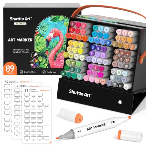 Shuttle Art 89 Colors Alcohol Markers 88 Colors Dual Tip Art Marker Set Plus 1 Colorless Blender with Marker Case Perfect for Illustration Students Adult Coloring Sketching - Image 1